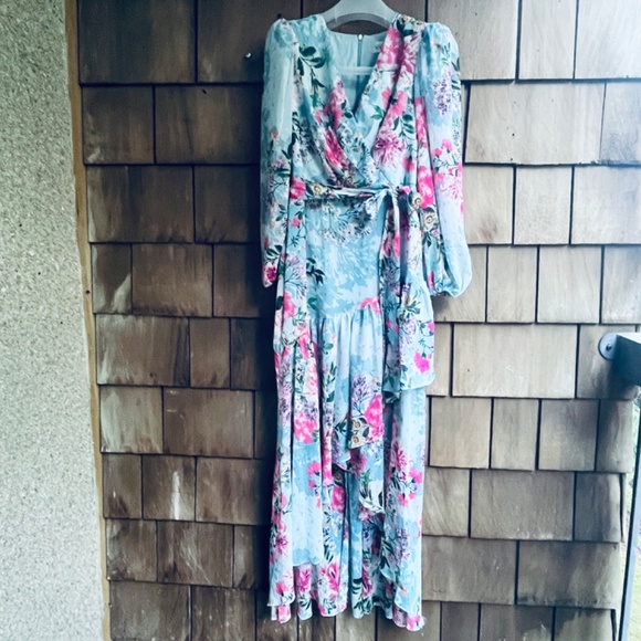 Eliza J Floral Metallic Surplice V Neck Long Sleeve High Low Wrap Maxi Dress 6 - Picture 3 of 16